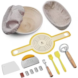 Sourdough Bread Baking Set, 10 Inch Oval & 9 Inch Round Banneton Bread Proofing Baskets with Linen Liner, Silicone Bread Sling