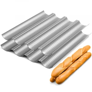 LMETJMA Nonstick Perforated French Bread Baking Pan Carbon Steel Baguette Pan French Bread 4 Wave Loaves Loaf Bake Mold JT158
