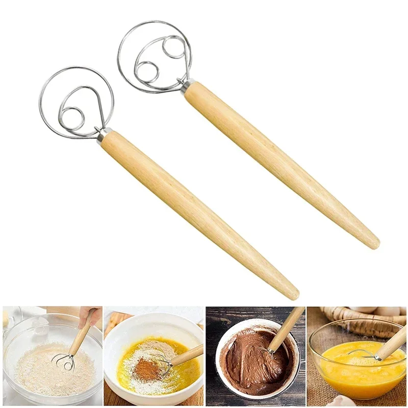 Cake Tools Danish Dough Whisk Stainless Steel Dutch Bread Dough Hand Mixer Wooden Handle Kitchen Baking Tools Artisian Blender - Image 2
